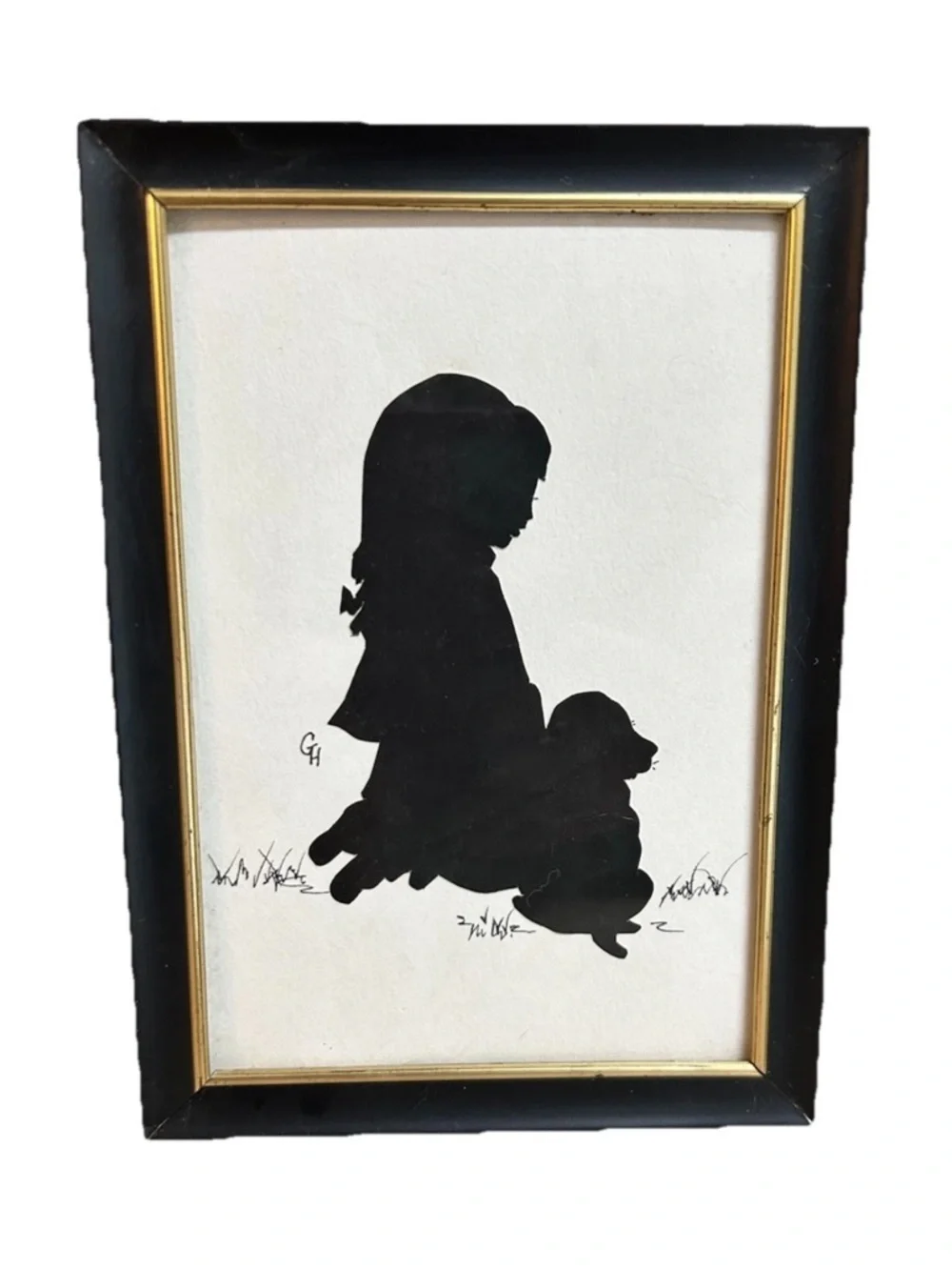Silhouette Hand Cut Signed Girl Child With Dog Vintage Framed 5x7